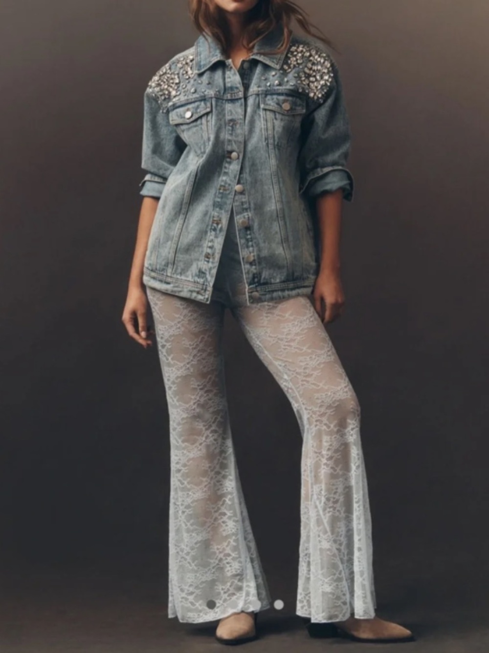 NWT Flat White Lace Flare Pants - Light Blue